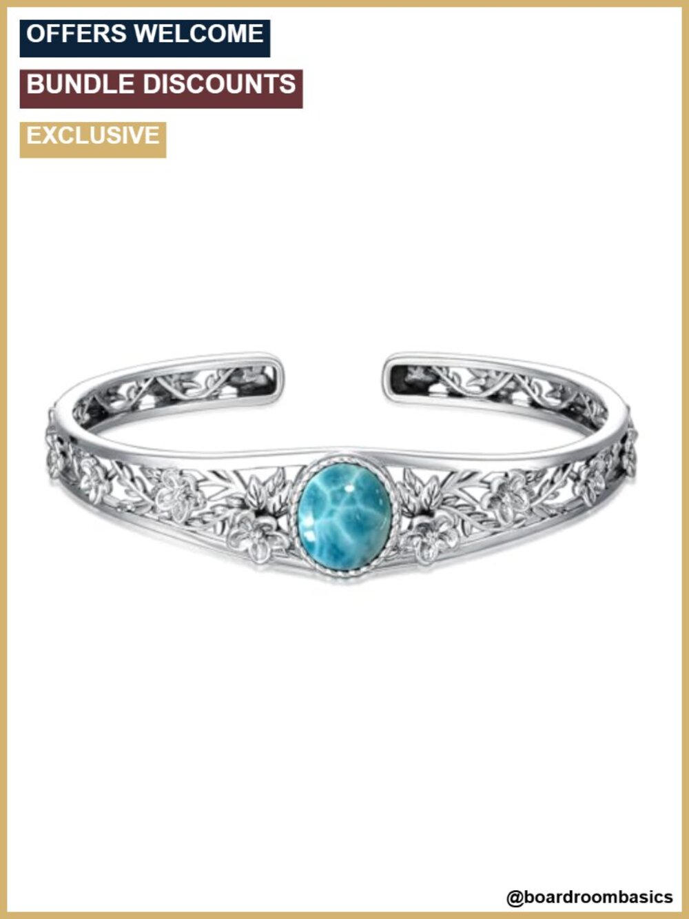 Genuine Larimar Onyx Sterling Silver Cuff Bracelet Western Vintage Floral Bangle